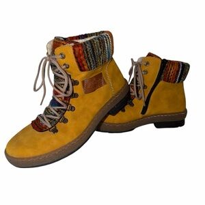 Rieker Felicitas Lace Up Boots side zip with Multicolor Knit Cuff 39 EU 8 USA